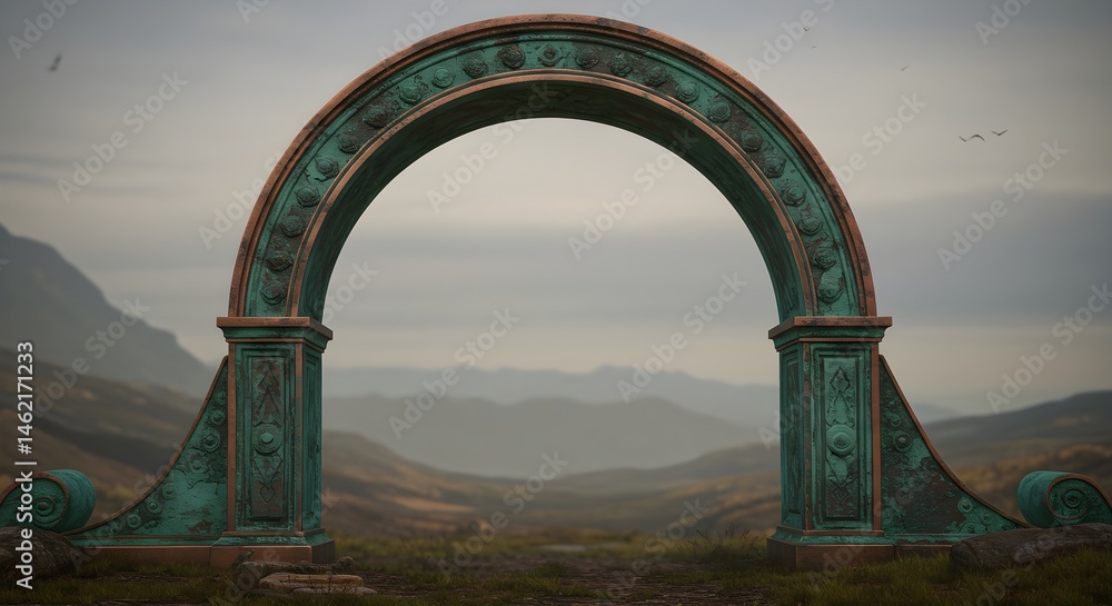 An ancient, weathered archway stands against a misty mountain backdrop. A sense of mystery and timelessness fills the scene.