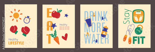 Healthy Lifestyle background set. Mindful eating, improving hydration, managing weight, balanced diet with fruits, vegetables, fitness and exercise. Vector editable illustration for infographic poster