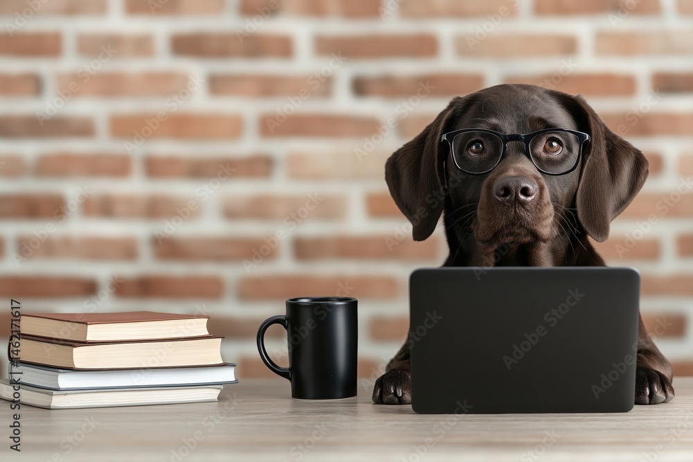 Clever dog with glasses working on laptop surrounded by books and coffee in cozy workspace