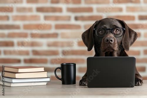 Obraz na płótnie Clever dog with glasses working on laptop surrounded by books and coffee in cozy workspace w salonie