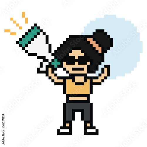 Cute pixel cartoon character woman with megaphone announcement speaker information announce decoration 8 bit female girl lady megaphone cartoon pixel game png vector.