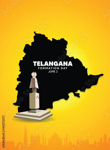 Telangana formation day 2 June landmark on map vector poster