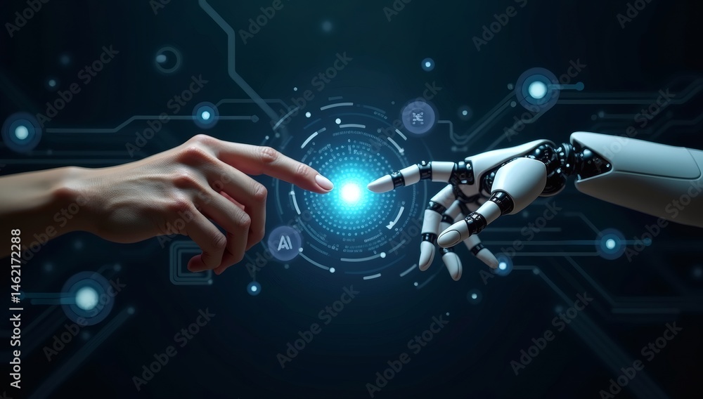 custom made wallpaper toronto digitalA human hand and a robotic arm reaching toward each other, symbolizing the intersection of technology and humanity, with glowing futuristic elements