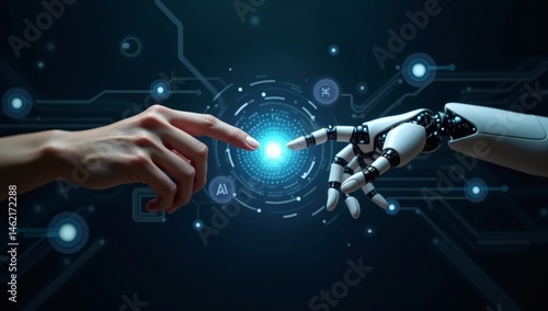 Wallpaper Mural A human hand and a robotic arm reaching toward each other, symbolizing the intersection of technology and humanity, with glowing futuristic elements Torontodigital.ca