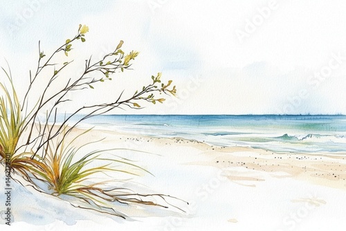 Lush Watercolor Beach Vegetation Set Along Seaside 