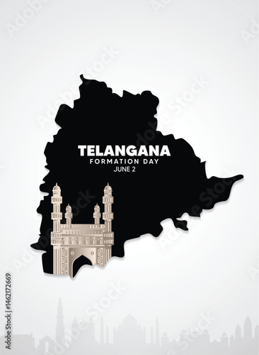 Telangana formation day 2 June landmark on map vector poster