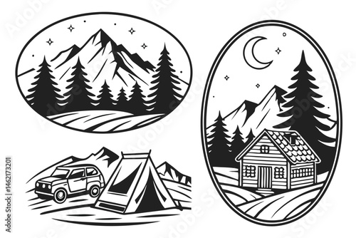 3 Black and white illustrations, camping scenes, mountainous landscapes, outdoor adventure, tent camping, campfire, night sky, moon and stars, forest silhouettes, vintage engraving style, woodcut aest
