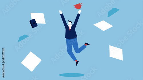 Office Antics A person in a business suit confidently walking upside down on the ceiling of an office. Papers and a coffee cup float upwards around them. Colleagues below gaze up
