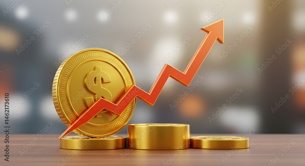 Gold coins and upward arrow. Financial growth concept.