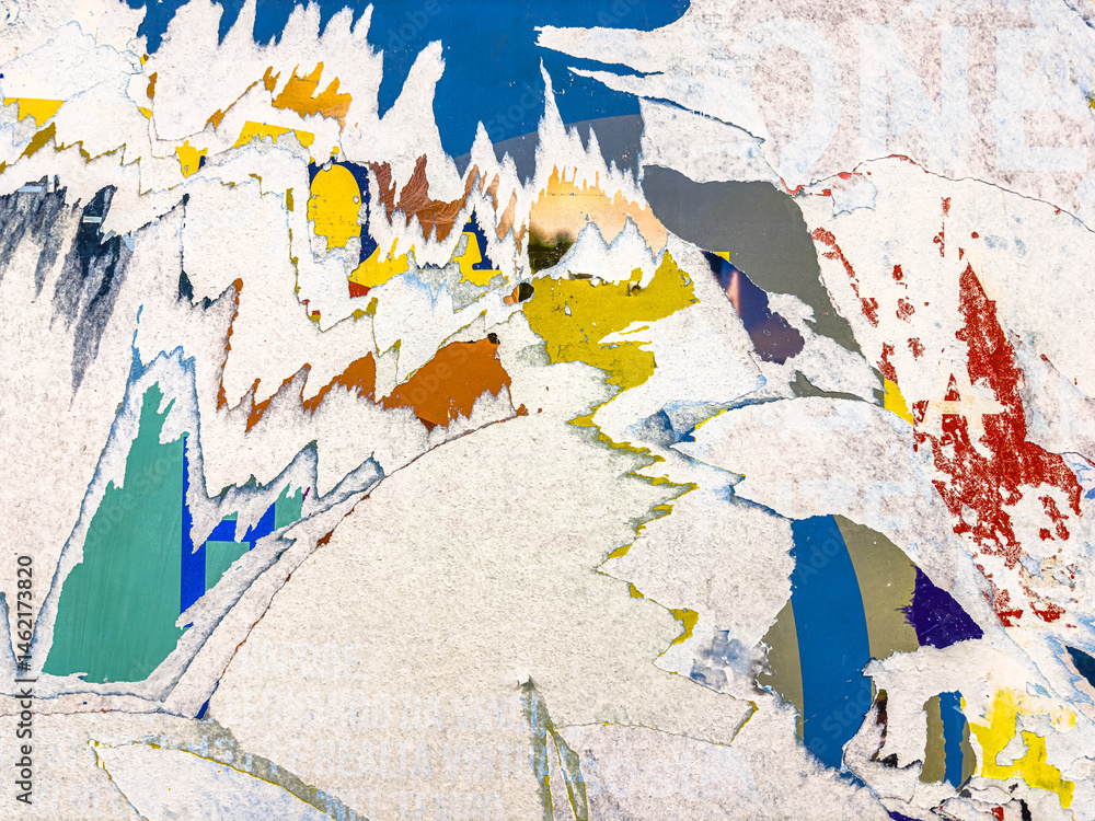 Old grunge ripped, torn vintage posters creased crumpled paper surface texture background