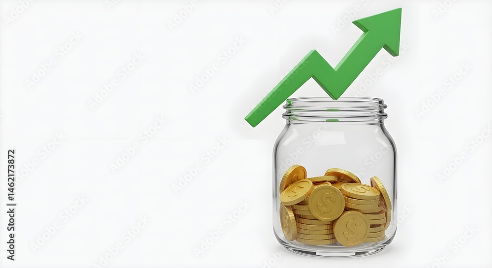 Glass jar filled with gold coins and a green upward arrow. Savings growth concept.