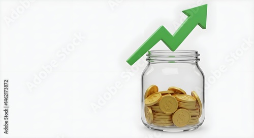 Obraz na płótnie Glass jar filled with gold coins and a green upward arrow. Savings growth concept. w salonie