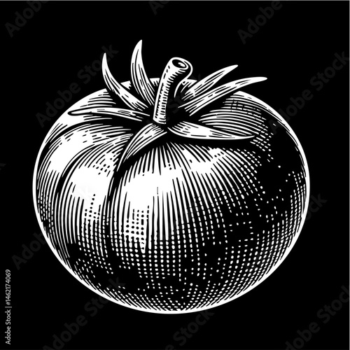 simple tomato and tomato slice with engraved, woodcut style vector illustration. Scratch board. Black and white image isolated background