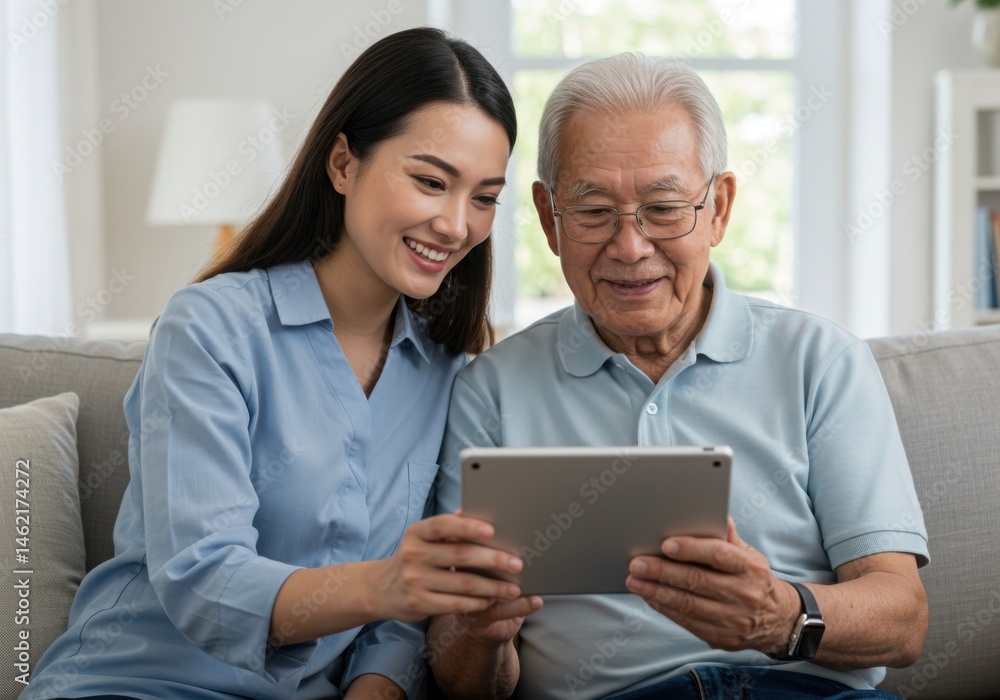 Young woman helping senior man with tablet device on sofa in living room home Young woman helping senior man with tablet device on sofa in living room home