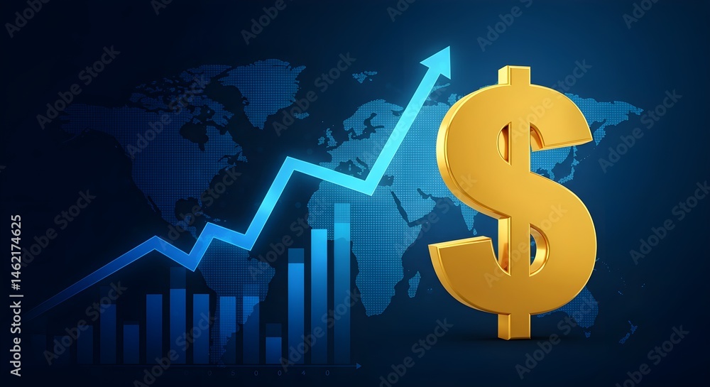 Golden dollar sign soaring against a world map, signifying global financial growth.
