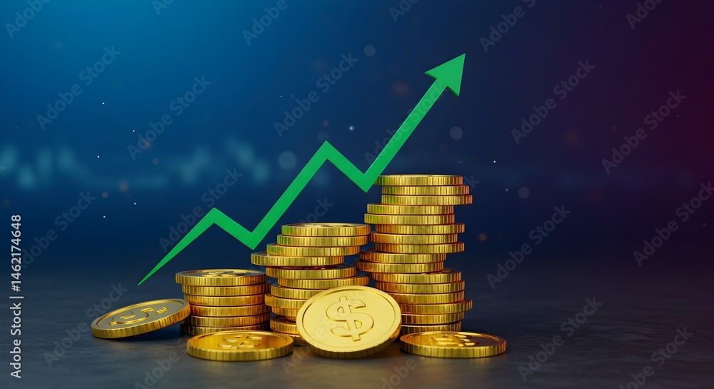 Stacks of gold coins rising with a green upward arrow, symbolizing financial growth and success.