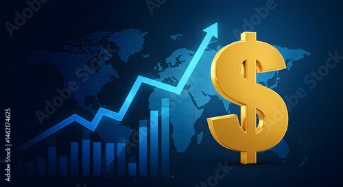Obraz na płótnie Golden dollar sign soaring against a world map, signifying global financial growth. w salonie