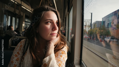 Pensive young woman, happily gazing out the window during her morning commute on an urban light rail