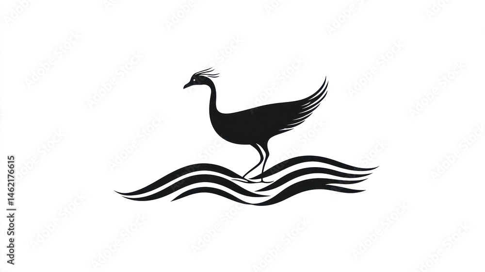 Fototapeta premium Silhouette bird walking on waves, decorative graphic, possible use for logo or print design
