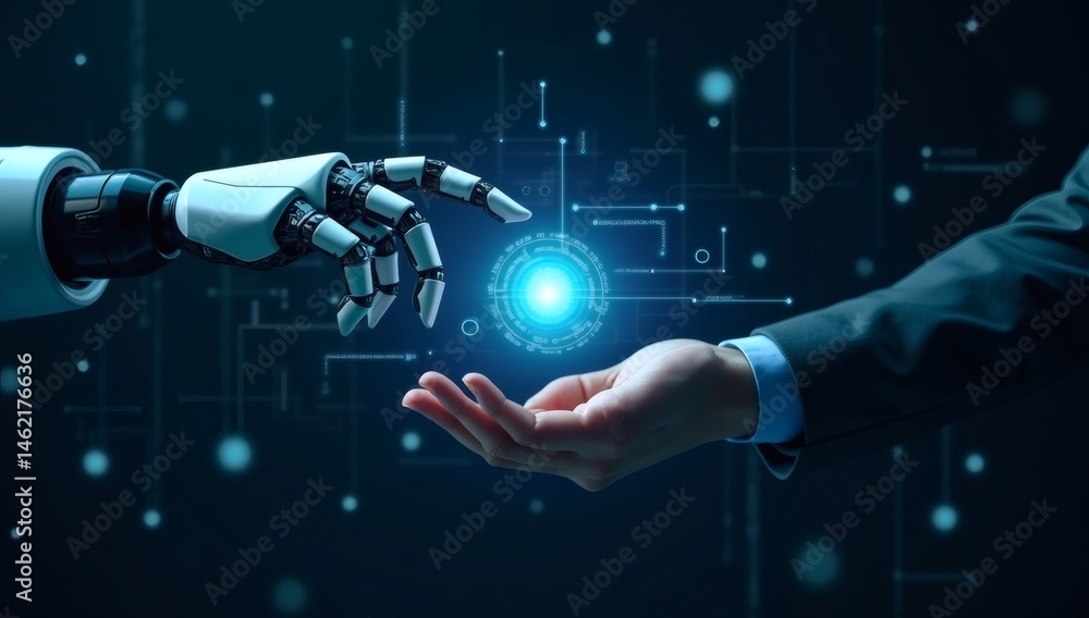 custom made wallpaper toronto digitalA futuristic image showing a human hand and a robotic arm touching, representing collaboration between technology and humanity in the digital age
