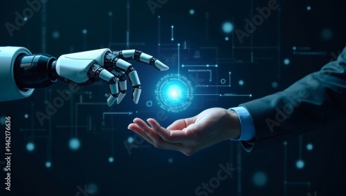 Wallpaper Mural A futuristic image showing a human hand and a robotic arm touching, representing collaboration between technology and humanity in the digital age Torontodigital.ca