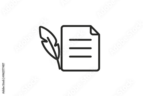 Vector illustration icon of a paper document with a feather quill symbolizing writing and creativity