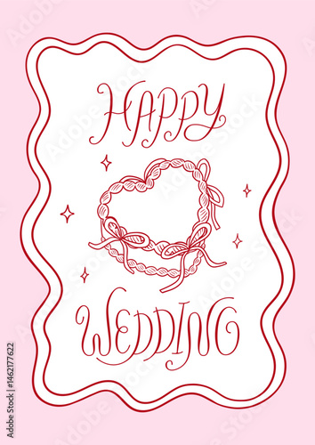 Happy wedding calligraphy quote and hand drawn heart shaped cake with bows. Vector line illustration and romantic lettering. Vintage elegant greeting card for wedding or valentine's day
