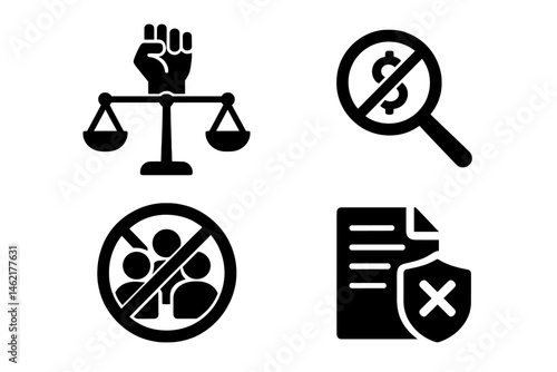 Icons representing justice, equality, anti-corruption, and protection against discrimination in a minimalist vector style