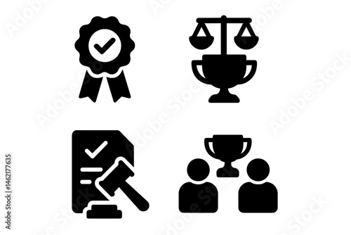 Vector illustration icons representing achievement, justice, law, and success for various applications