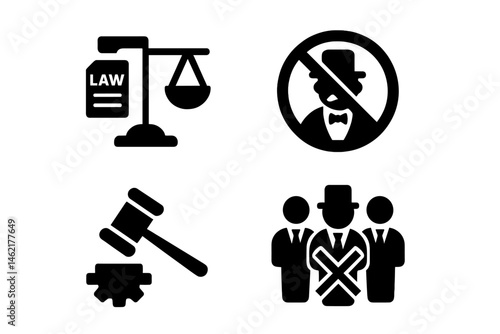 Vector illustration icons representing law, justice, and regulation enforcement