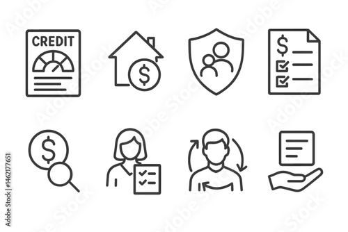 Financial management icons showcasing credit, home, insurance, loan applications, and personal finance activities in a modern vector style