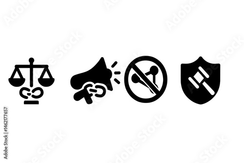 Vector illustration of legal symbols representing justice, advocacy, prohibition, and protection in a modern graphic design
