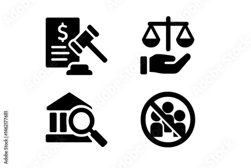 Legal symbols representing justice, court proceedings, and prohibition on gatherings