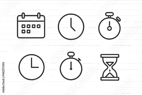 Vector illustration collection of time-related icons including calendar, clock, timer, and hourglass for graphic design projects
