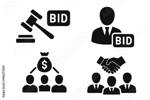 Vector illustrations depicting elements of bidding and auction processes using iconic representations