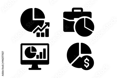 Vector illustration icons representing financial analysis, business growth, investment activities, and market trends in a modern design format