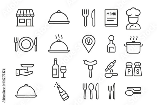 Vector illustration of dining elements including restaurant, menu, chef, and various food items in a simple design style