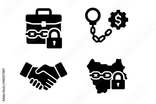 Business icons representing security, partnerships, and financial challenges in a modern economic environment