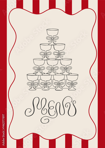Vintage menu card with champagne tower and calligraphy quote on striped background. Vector hand drawn line elegant illustration of martini cocktail glasses pyramid