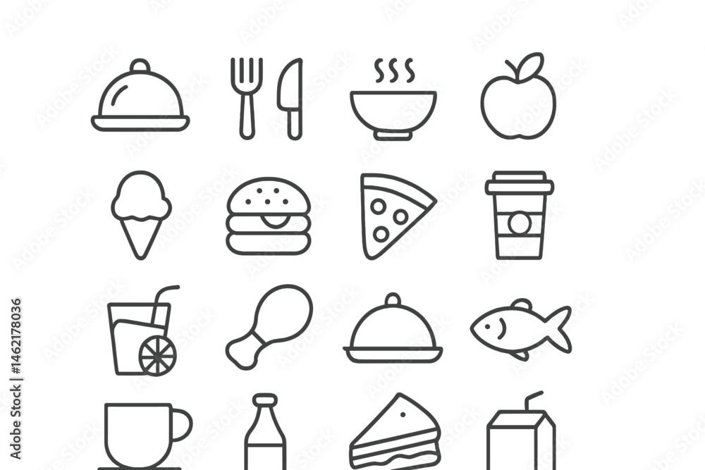 Food and Drink Vector Icons Featuring Various Culinary Delights in Minimalist Design Food and Drink Vector Icons Featuring Various Culinary Delights in Minimalist Design