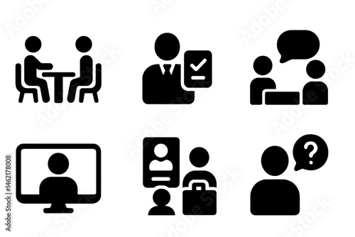 Vector illustration icons depicting various aspects of communication and interaction in professional and personal settings