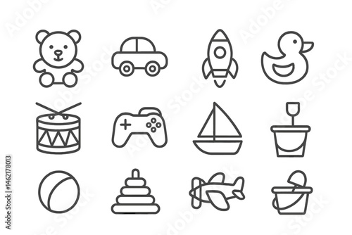 Vector illustration of various children's toys including a teddy bear, car, rocket, duck, drum, and more in a playful arrangement