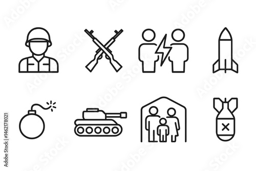 Military and peace icon vector illustrations depicting conflict, family, and weaponry in a dynamic graphic style