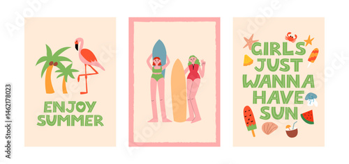 Set of summer posters with flamingo, palm tree and surfer girls in swimsuits. Vector flat illustration and lettering quotes enjoy summer, girls just wanna have sun. Tropical, vacation, travel concept