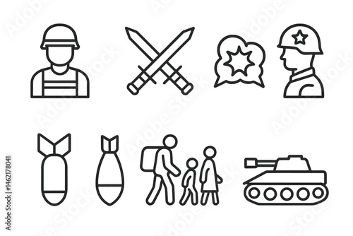 Vector illustration depicting military themes with icons of soldiers, weapons, and civilians in conflict scenarios