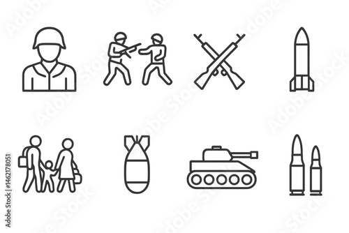 Military themed vector illustration showing conflict, weapons, and civilian situations in a warfare context