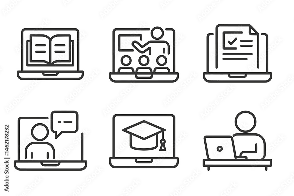 Online learning icons illustrating various educational activities with laptops in a modern digital environment Online learning icons illustrating various educational activities with laptops in a modern digital environment