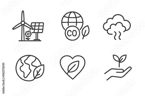 Vector illustration icons depicting renewable energy, climate action, and environmental awareness for a sustainable future