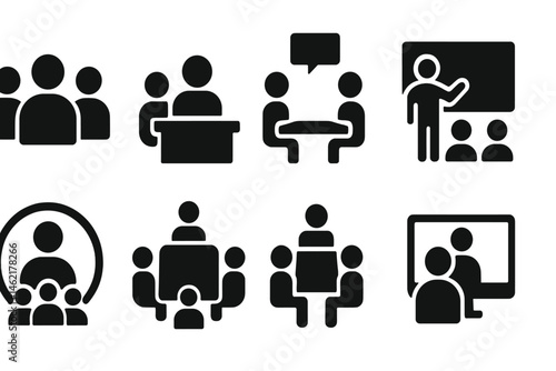Various vector illustrations depicting meeting and teamwork icons in different configurations and settings