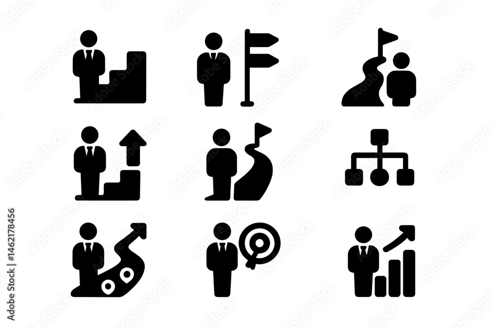 Vector illustration icons depicting various business activities and progress symbols in a professional setting Vector illustration icons depicting various business activities and progress symbols in a professional setting